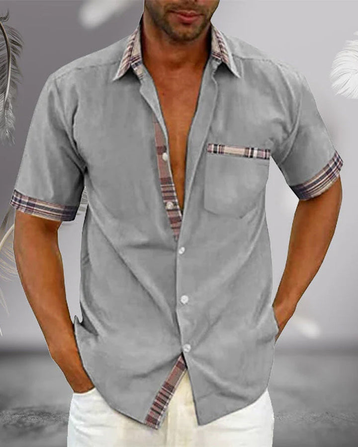 Men’s Short Sleeve Shirt – Regular Fit – Breathable Blend – Plaid Trim Casual Style