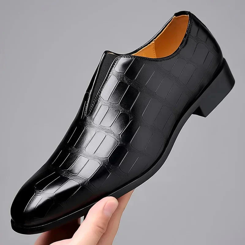Men’s Dress Shoes - Glossy Leather - Crocodile Texture - Slip-On Low Top