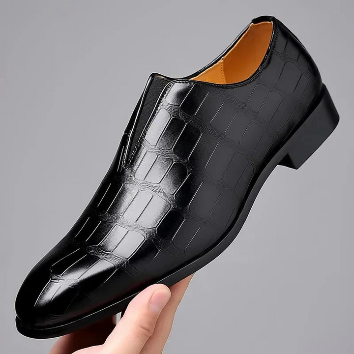 Men’s Dress Shoes - Glossy Leather - Crocodile Texture - Slip-On Low Top