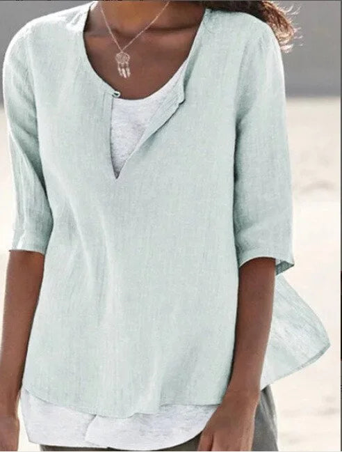 Women’s Layered Blouse – Relaxed Fit – Mid Sleeve – Breathable Blend – V-Neck Casual