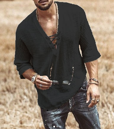 Men’s Lace-Up Shirt - V-Neck - 3/4 Sleeve - Loose Fit - Lightweight Breathable Fabric