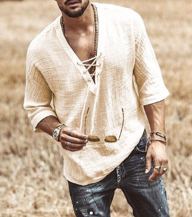 Men’s Lace-Up Shirt - V-Neck - 3/4 Sleeve - Loose Fit - Lightweight Breathable Fabric