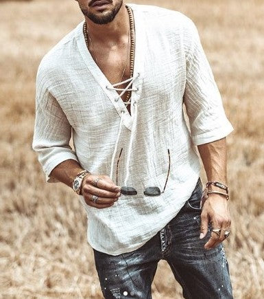 Men’s Lace-Up Shirt - V-Neck - 3/4 Sleeve - Loose Fit - Lightweight Breathable Fabric