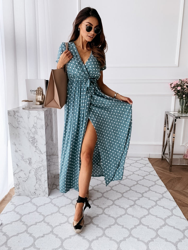 Women’s Wrap Dress – Flowing Fit – V-Neck – Short Sleeve – High Slit – Dotted Pattern