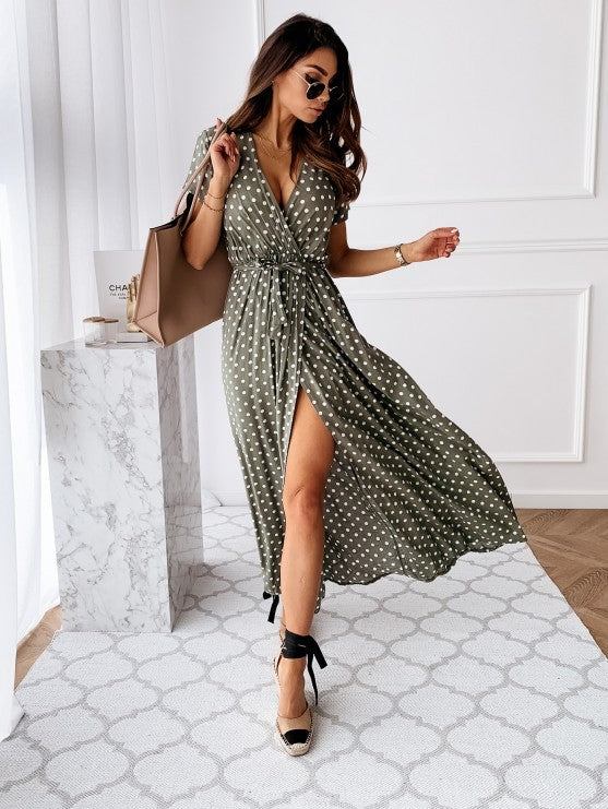 Women’s Wrap Dress – Flowing Fit – V-Neck – Short Sleeve – High Slit – Dotted Pattern
