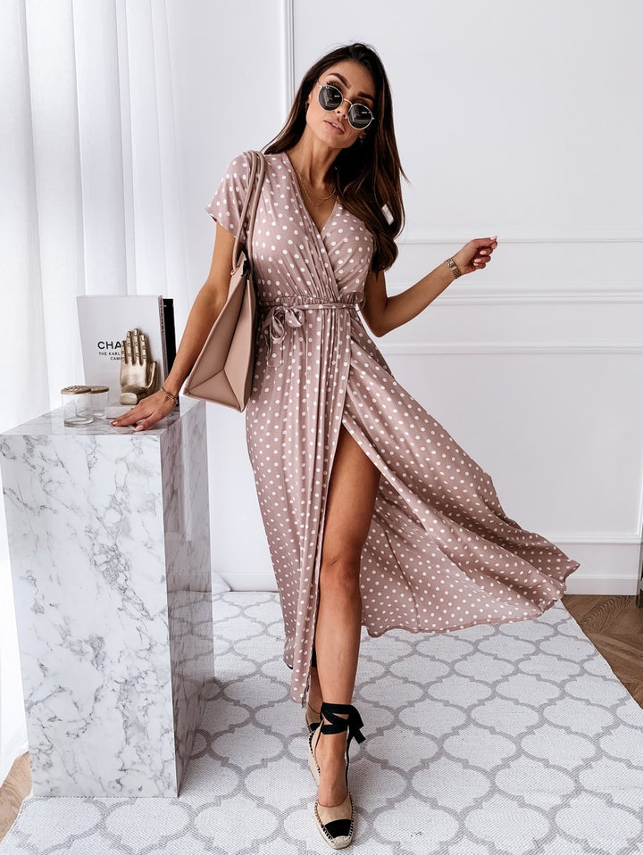 Women’s Wrap Dress – Flowing Fit – V-Neck – Short Sleeve – High Slit – Dotted Pattern