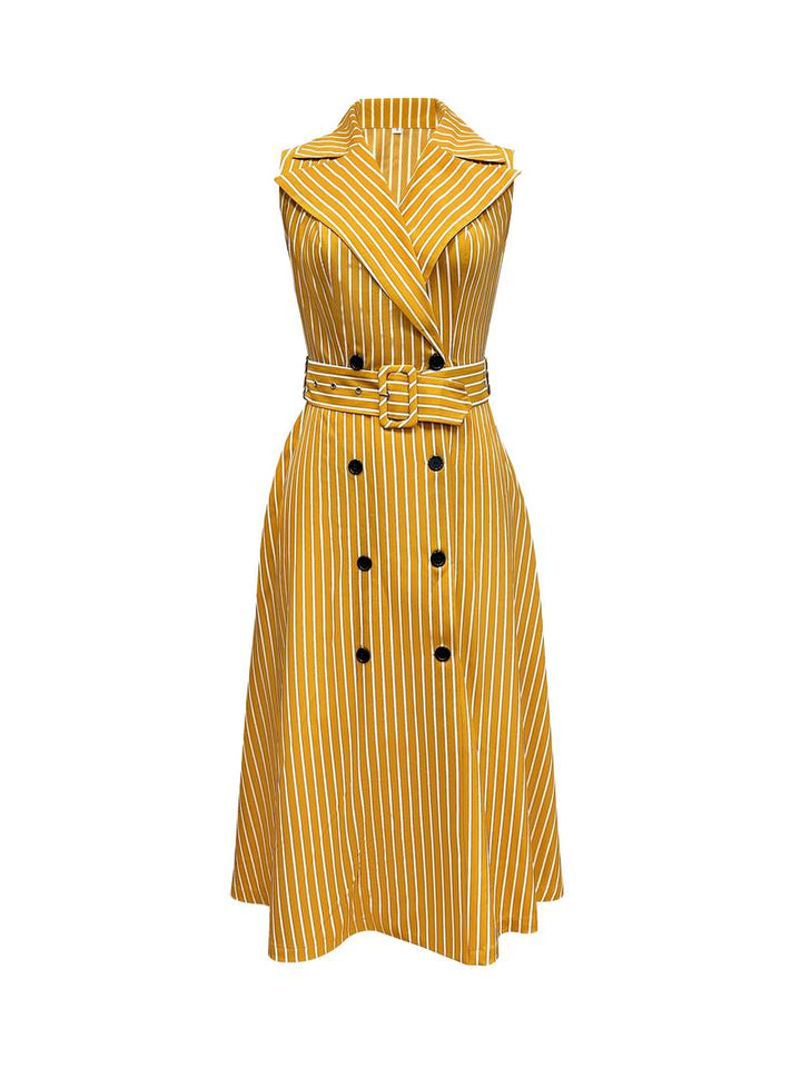 Women's Sleeveless Midi Dress - Vertical Striped A-Line - Lapel Collar - Belted Waist