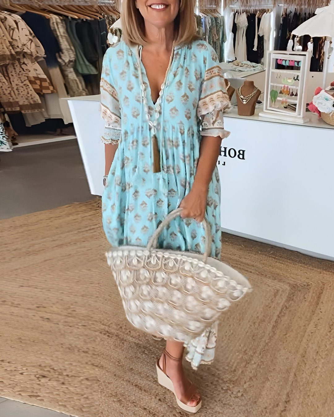 Women’s Maxi Dress – Flowing Fit – V-Neck with Ties – Puff Sleeve – Natural Fibers