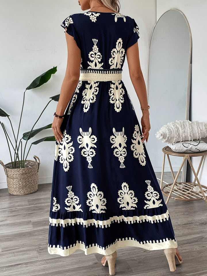 Women's Maxi Dress - V-Neck - Cap Sleeve - Smocked Waist - Flowing Elegant Fit