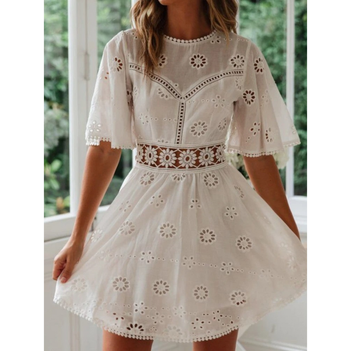 Women's Lace Dress - Eyelet Embroidered - A-Line Fit - Short Sleeve Elegant Design