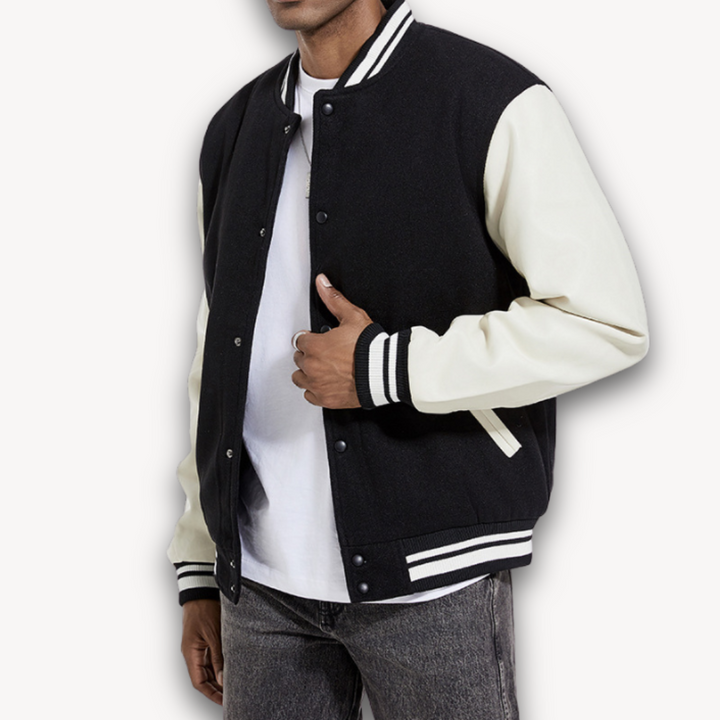 Men's Varsity Jacket – Classic Fit – Soft Textured Body – Snap Front