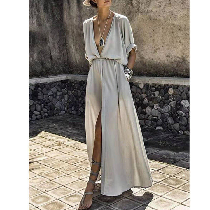 Women’s Maxi Dress – Deep V-Neck – Front Slit – Mid Sleeve – Relaxed Fit – Flowy Fabric