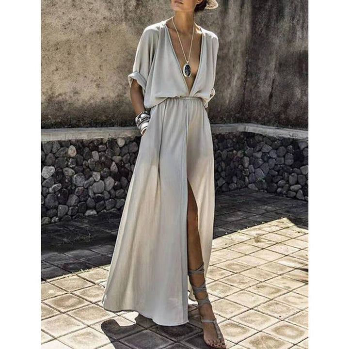 Women’s Maxi Dress – Deep V-Neck – Front Slit – Mid Sleeve – Relaxed Fit – Flowy Fabric