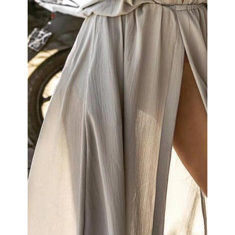 Women’s Maxi Dress – Deep V-Neck – Front Slit – Mid Sleeve – Relaxed Fit – Flowy Fabric