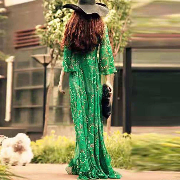 Women's Maxi Dress - Flowing Relaxed Fit - V-Neck - Three-Quarter Sleeve - Patterned