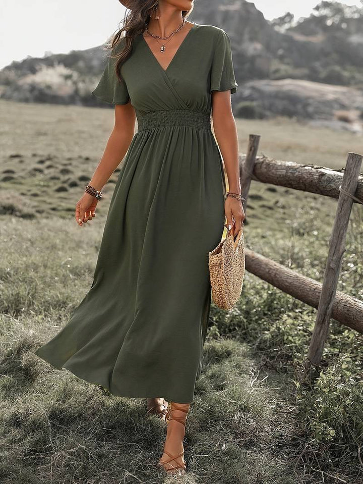 Women’s Midi Dress – V-Neck Wrap – Relaxed A-Line Fit – Short Sleeve – Breathable Blend