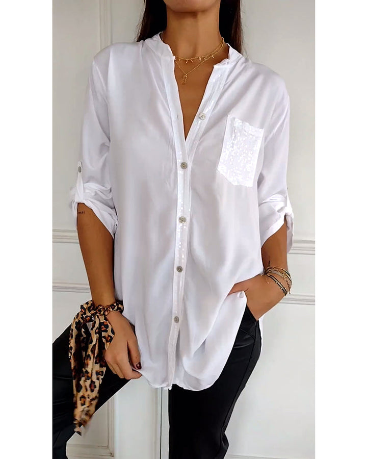 Women’s Blouse – Relaxed Fit – Sequin Placket and Pocket – Long Sleeve – Breathable Blend