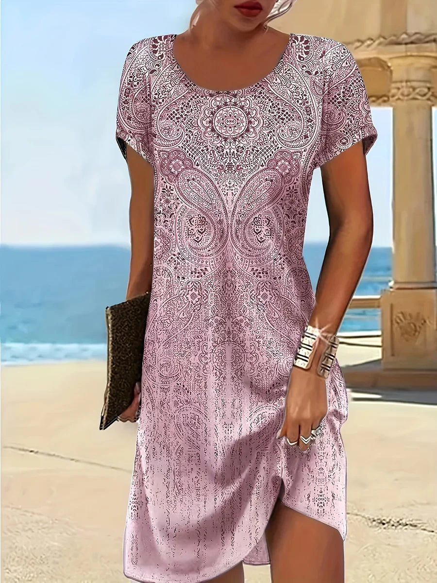 Women’s Midi Dress - Relaxed Fit - Scoop Neck - Short Sleeve - Breathable Blend