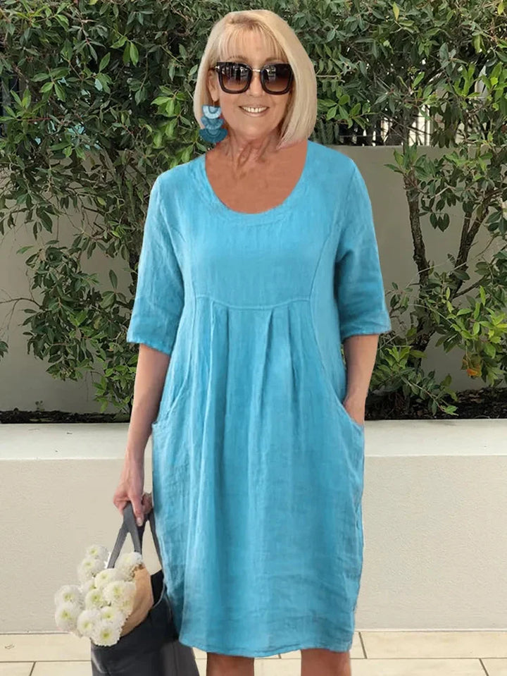 Women's Midi Dress - Natural Fibers - Relaxed Fit - Scoop Neck - Elbow Sleeve - Pockets