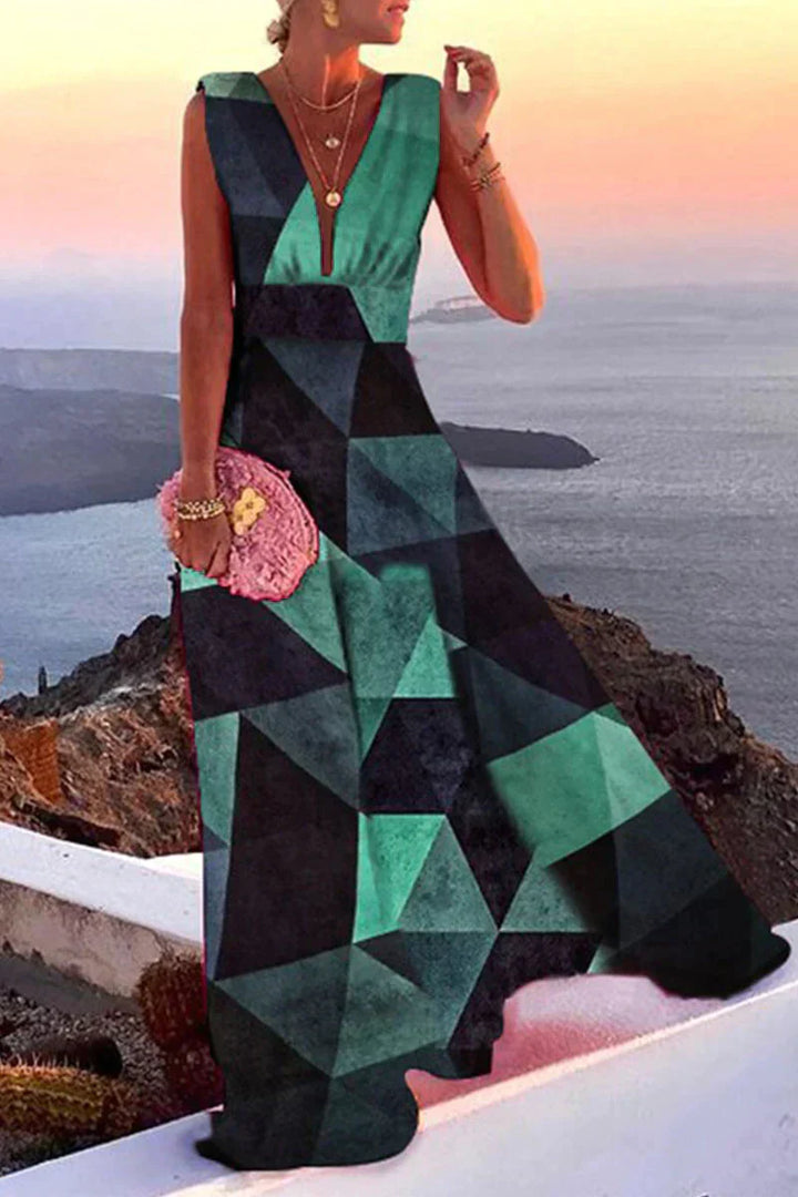 Women’s Maxi Dress – Flowing Fit – Deep V-Neck – Sleeveless – Geometric Pattern