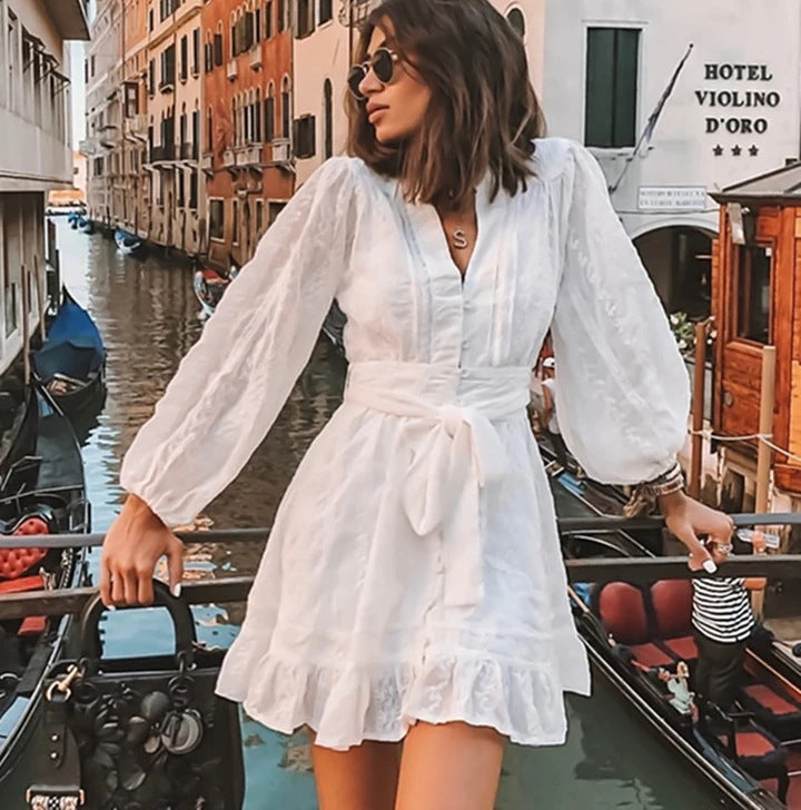 Women’s Mini Dress – Balloon Sleeves – Tie Waist – Ruffle Hem – Breathable Blend