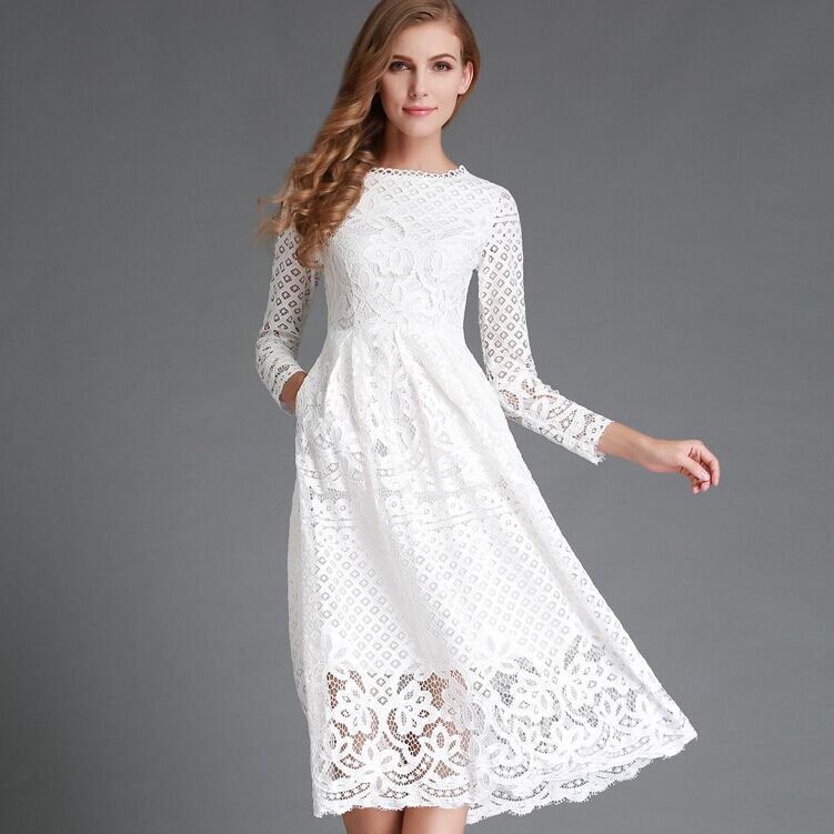 Women’s Midi Dress – Floral Lace Detail – Long Sleeve – Elegant A-Line Fit