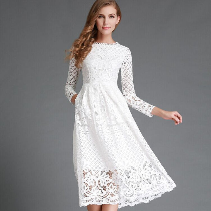 Women’s Midi Dress – Floral Lace Detail – Long Sleeve – Elegant A-Line Fit