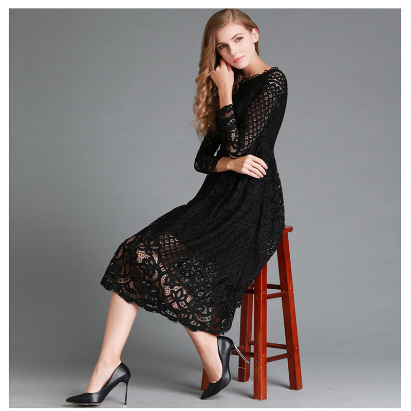 Women’s Midi Dress – Floral Lace Detail – Long Sleeve – Elegant A-Line Fit
