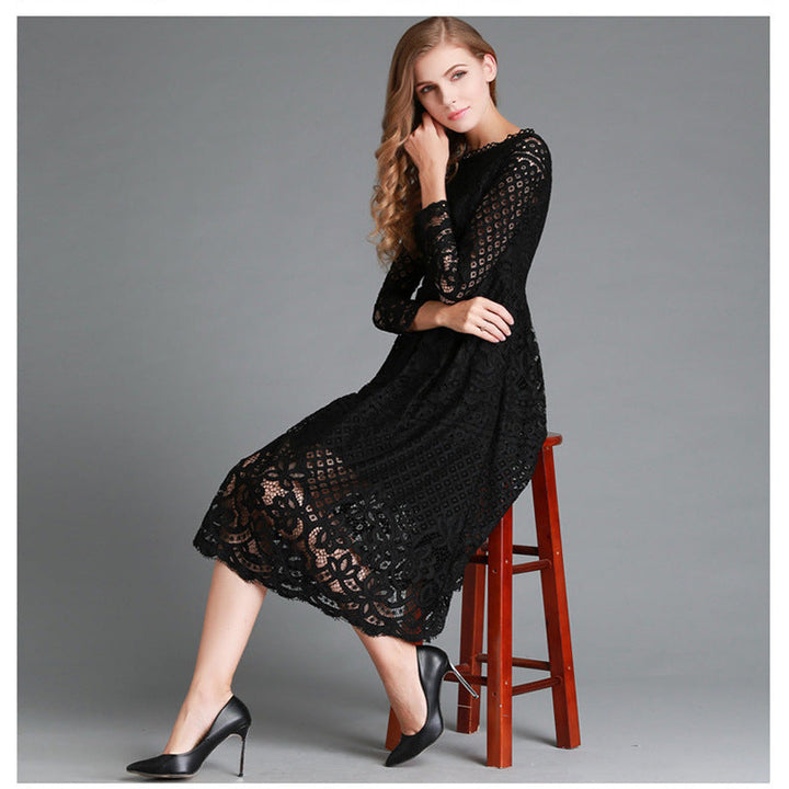 Women’s Midi Dress – Floral Lace Detail – Long Sleeve – Elegant A-Line Fit