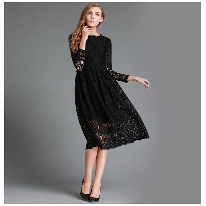 Women’s Midi Dress – Floral Lace Detail – Long Sleeve – Elegant A-Line Fit
