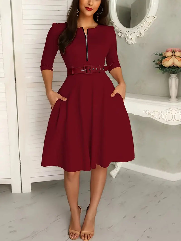 Women's Knee-Length Dress - Fit and Flare - 3/4 Sleeve - Zippered Neckline - Belted