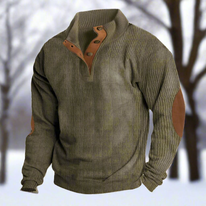 Men’s Knitted Sweater – Ribbed Texture – Relaxed Fit – High Button Collar – Elbow Patches