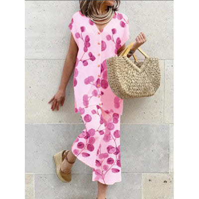 Women's Maxi Dress - Flowy Loose Fit - V-Neck Button Down - Short Sleeve Casual Wear