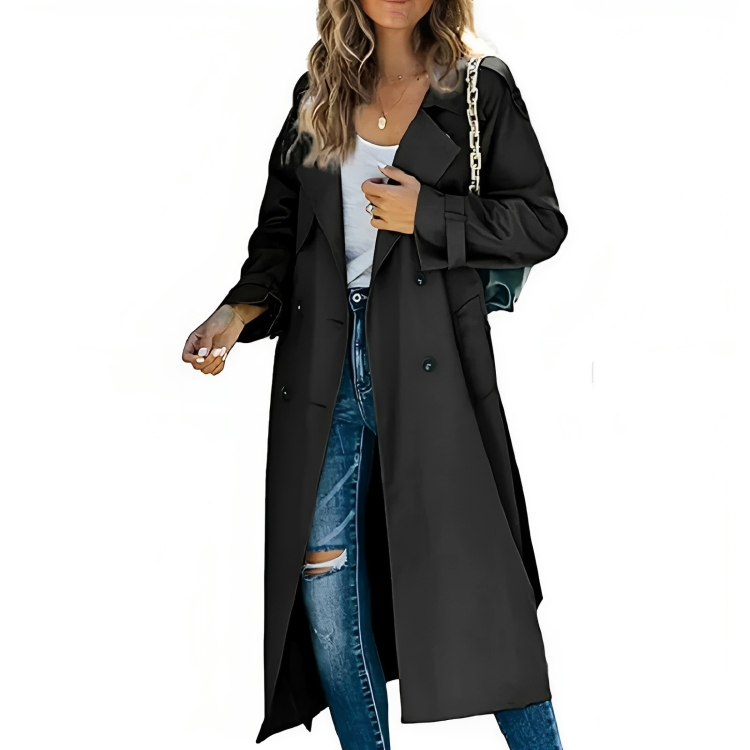 Women's Trench Coat - Tailored Fit - Long Length - Double-Breasted - Wide Lapel Collar