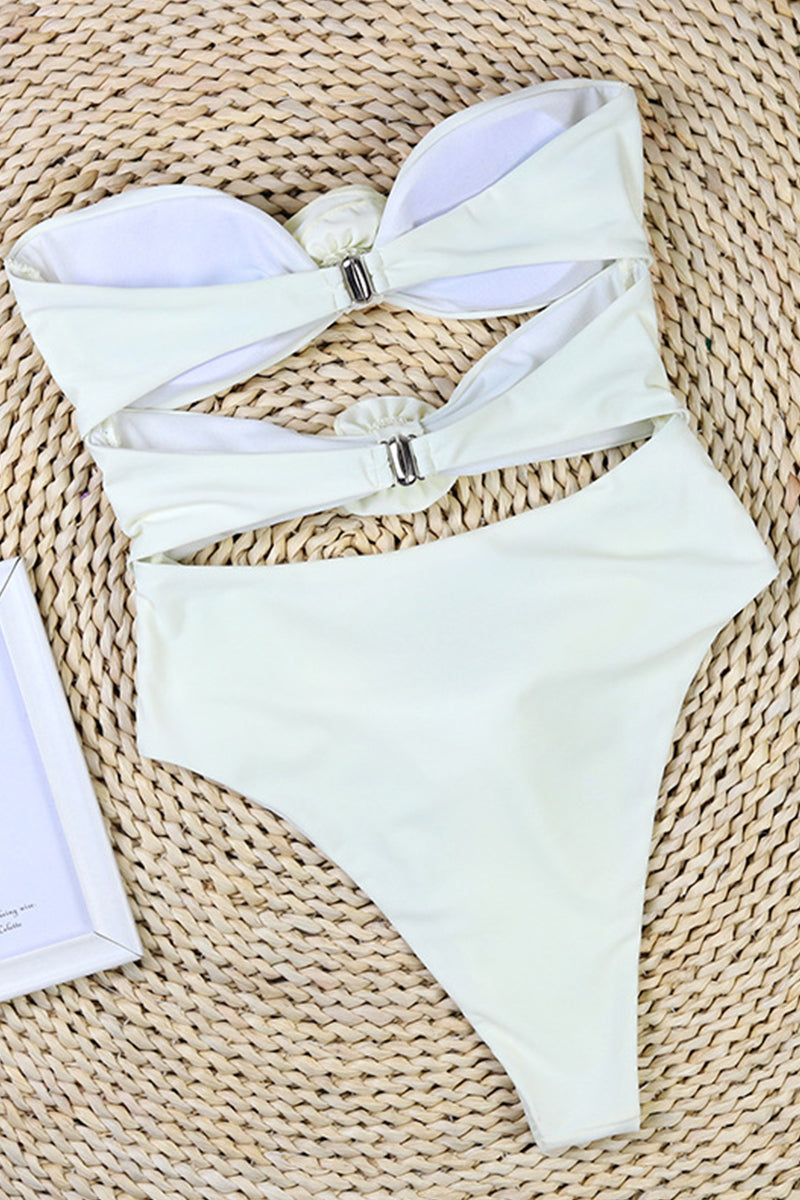 Women’s Bandeau Swimsuit – High Cut – Side Cut-Out – Floral Appliqué – Form-Fitting