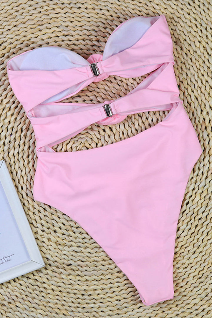 Women’s Bandeau Swimsuit – High Cut – Side Cut-Out – Floral Appliqué – Form-Fitting