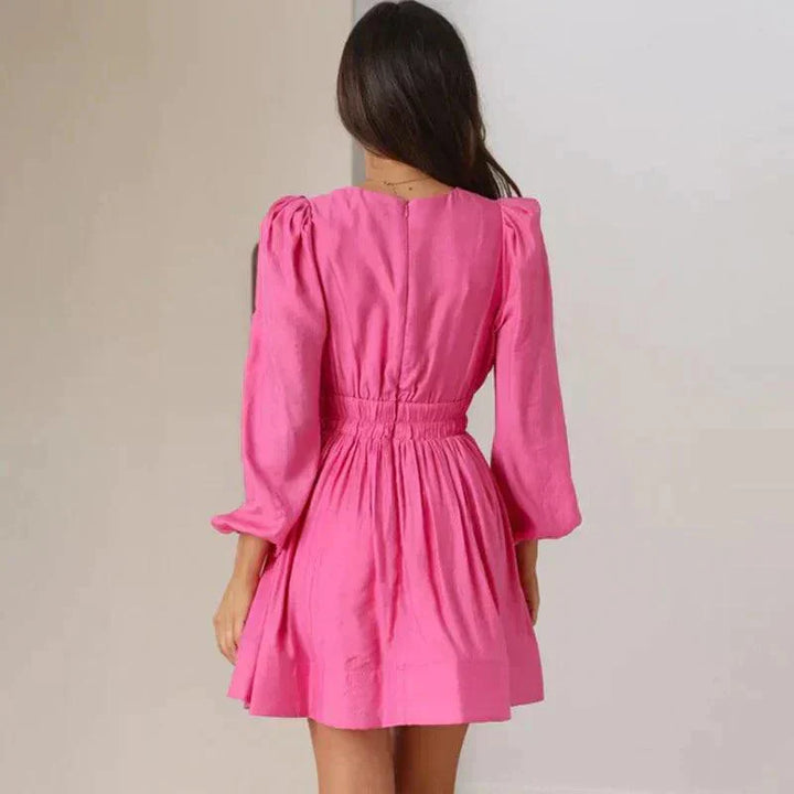 Women's Mini Dress - Deep V-Neck - Long Sleeve - Cinched Waist - A-Line Silhouette