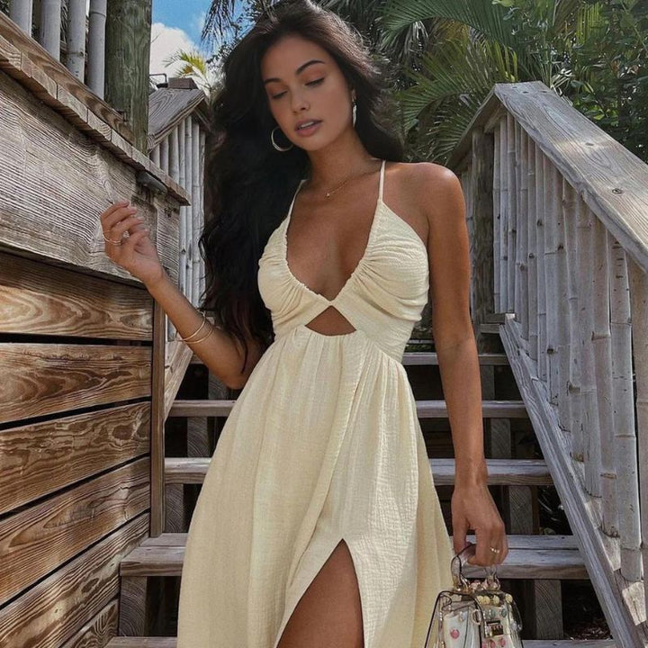 Women's Halter Maxi Dress - Cutout Waist - Ruched Bodice - Flowy Skirt with Slit