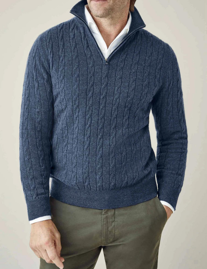 Men’s Sweater – Wool Blend – Cable Knit – Half Zip – Stand Collar – Smart Casual Fit