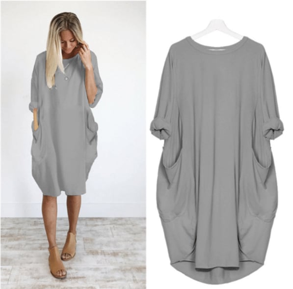 Women’s Midi Dress – Relaxed Fit – Round Neck – Breathable Blend – Side Pockets