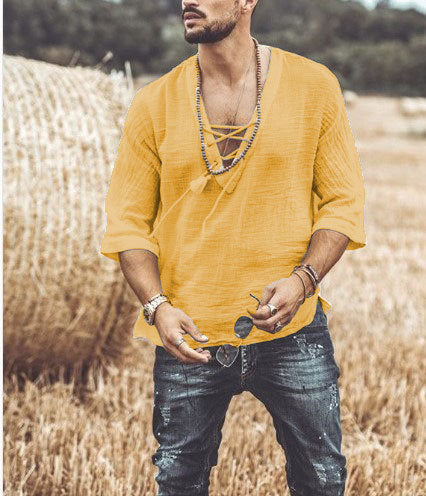 Men’s Lace-Up Shirt - V-Neck - 3/4 Sleeve - Loose Fit - Lightweight Breathable Fabric