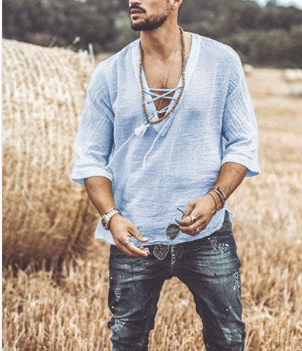 Men’s Lace-Up Shirt - V-Neck - 3/4 Sleeve - Loose Fit - Lightweight Breathable Fabric