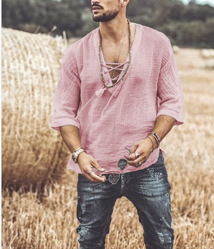 Men’s Lace-Up Shirt - V-Neck - 3/4 Sleeve - Loose Fit - Lightweight Breathable Fabric