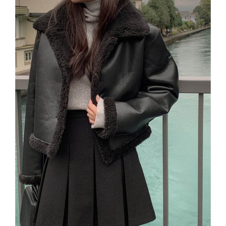 Women's Shearling Jacket - Cropped Fit - Wide Lapel - Buttoned Front - Plush Lining