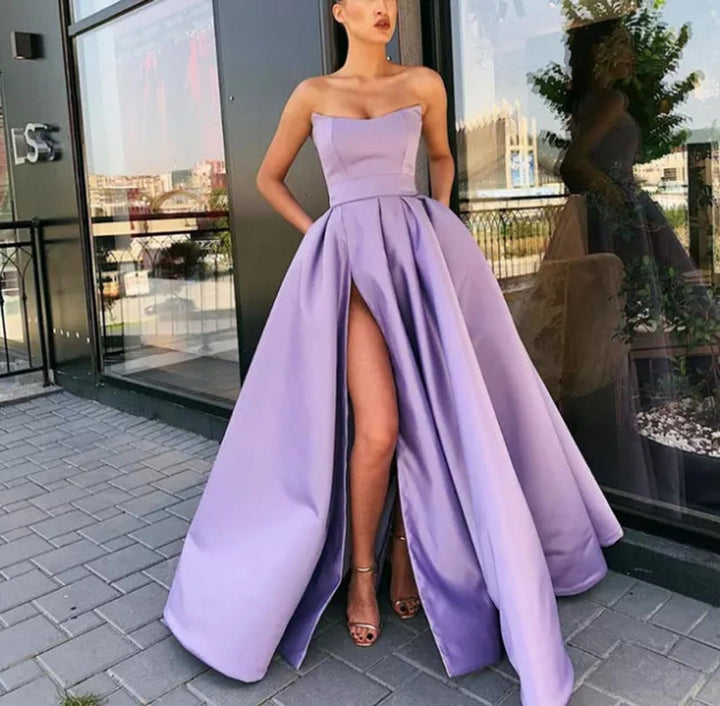 Women’s Evening Gown – Strapless Luxury Fabric – Fitted Bodice – Flowing Skirt with Slit
