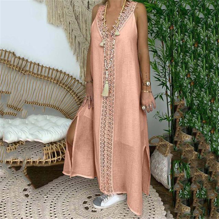 Women’s Maxi Dress – Flowing Fit – Lace Detail – Natural Fibers – Side Slits