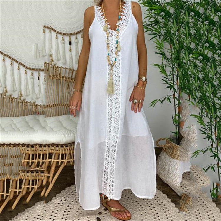 Women’s Maxi Dress – Flowing Fit – Lace Detail – Natural Fibers – Side Slits