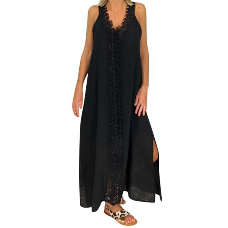Women’s Maxi Dress – Flowing Fit – Lace Detail – Natural Fibers – Side Slits