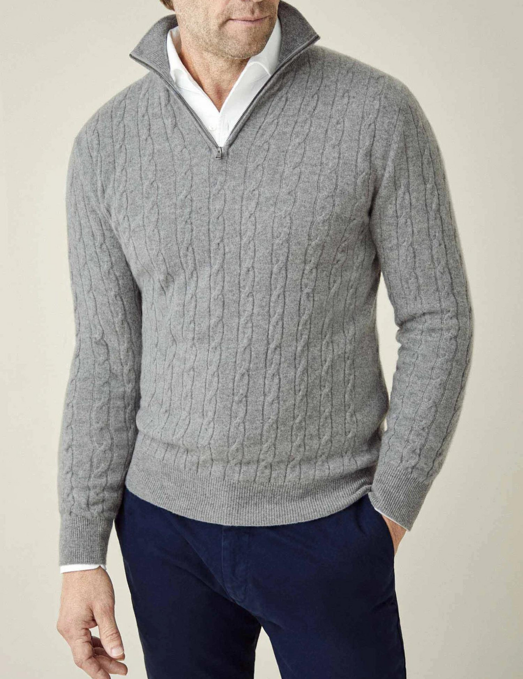 Men’s Sweater – Wool Blend – Cable Knit – Half Zip – Stand Collar – Smart Casual Fit