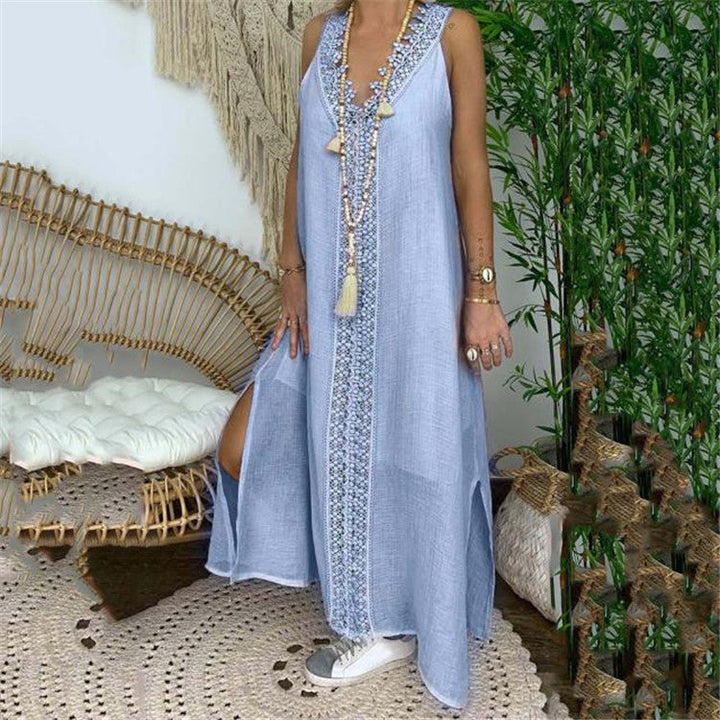 Women’s Maxi Dress – Flowing Fit – Lace Detail – Natural Fibers – Side Slits